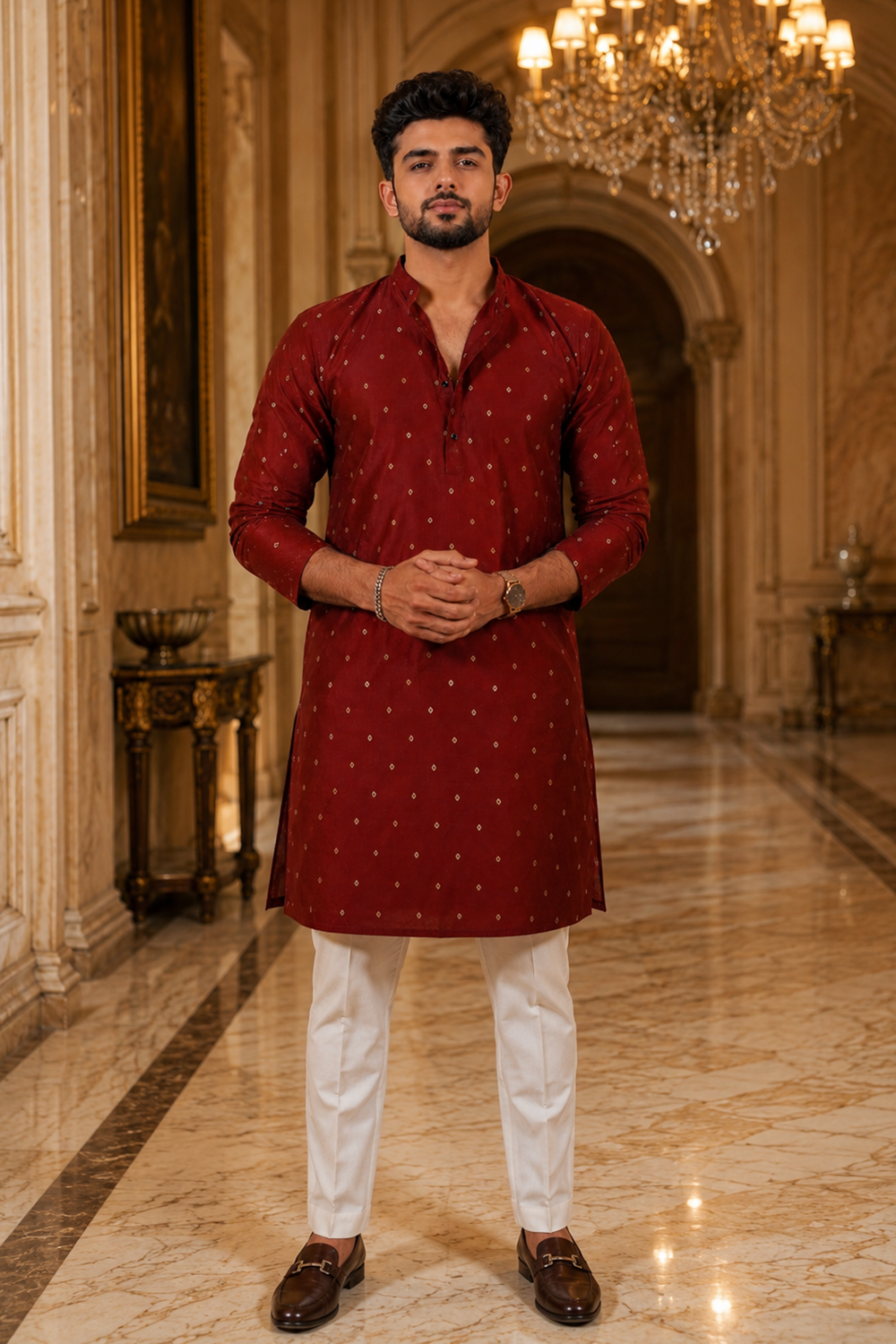 Men's Maroon Cotton Kurta Set