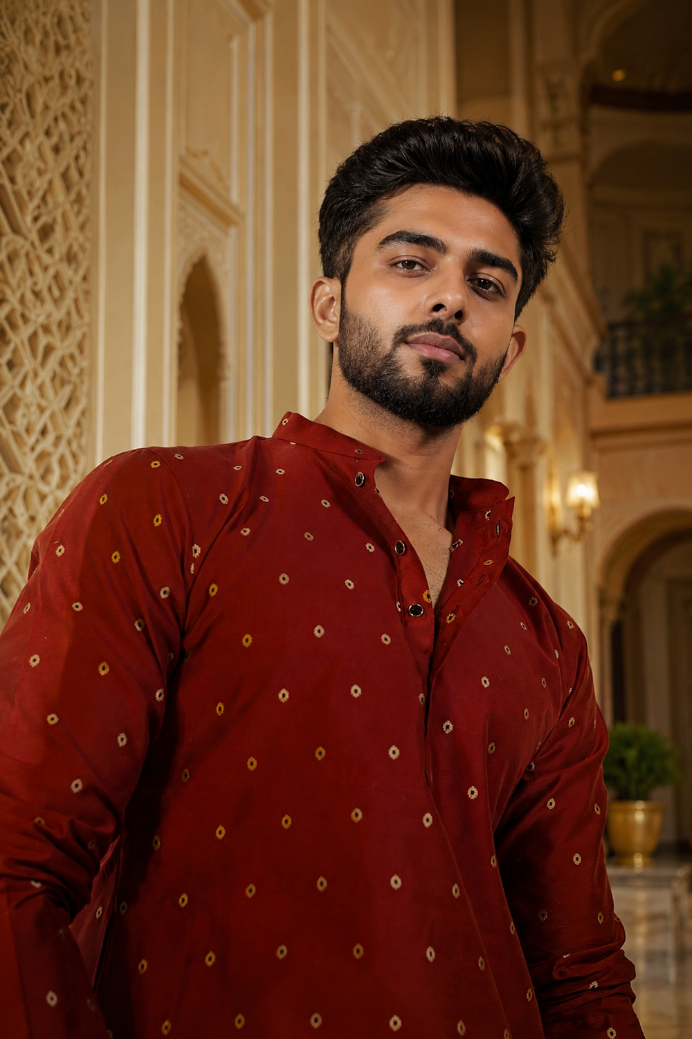 Men's Maroon Cotton Kurta Set