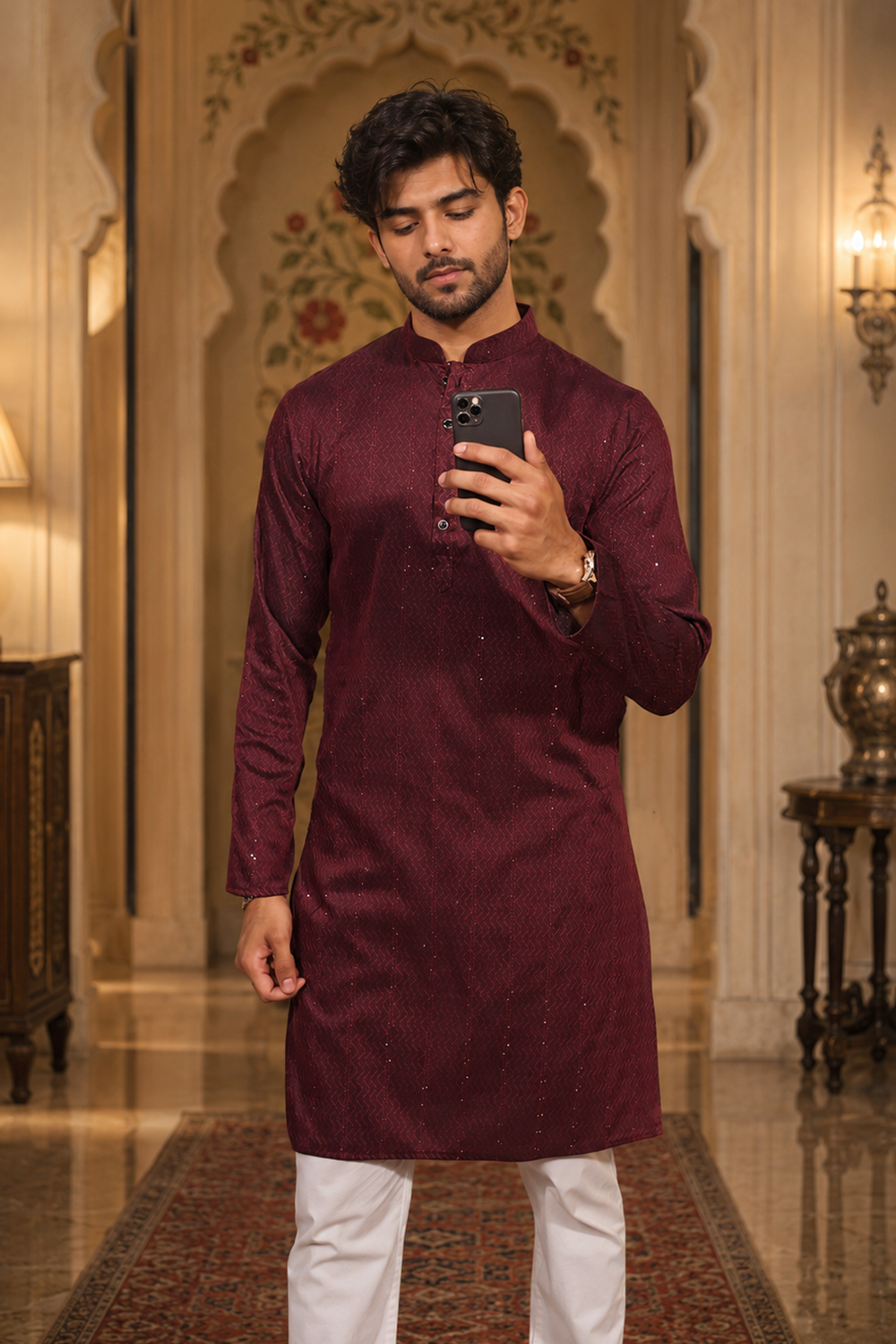 Men's Maroon Cotton Kurta Set