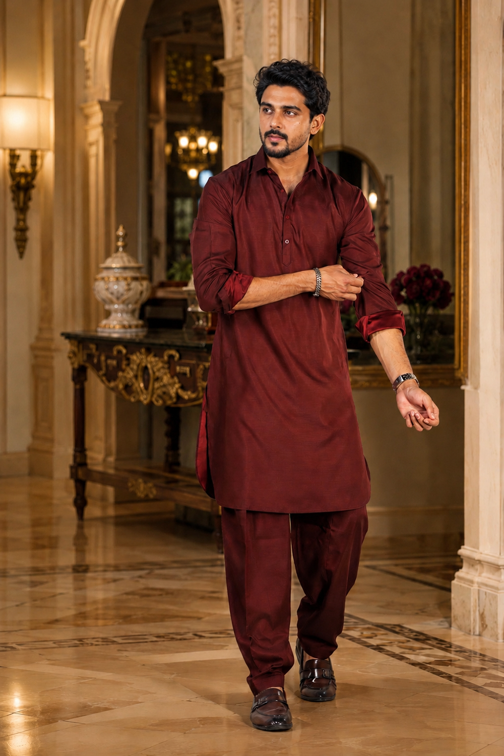 Men's Maroon Cotton Satin Kurta Set