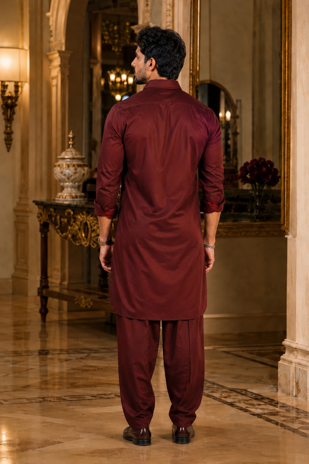 Men's Maroon Cotton Satin Kurta Set
