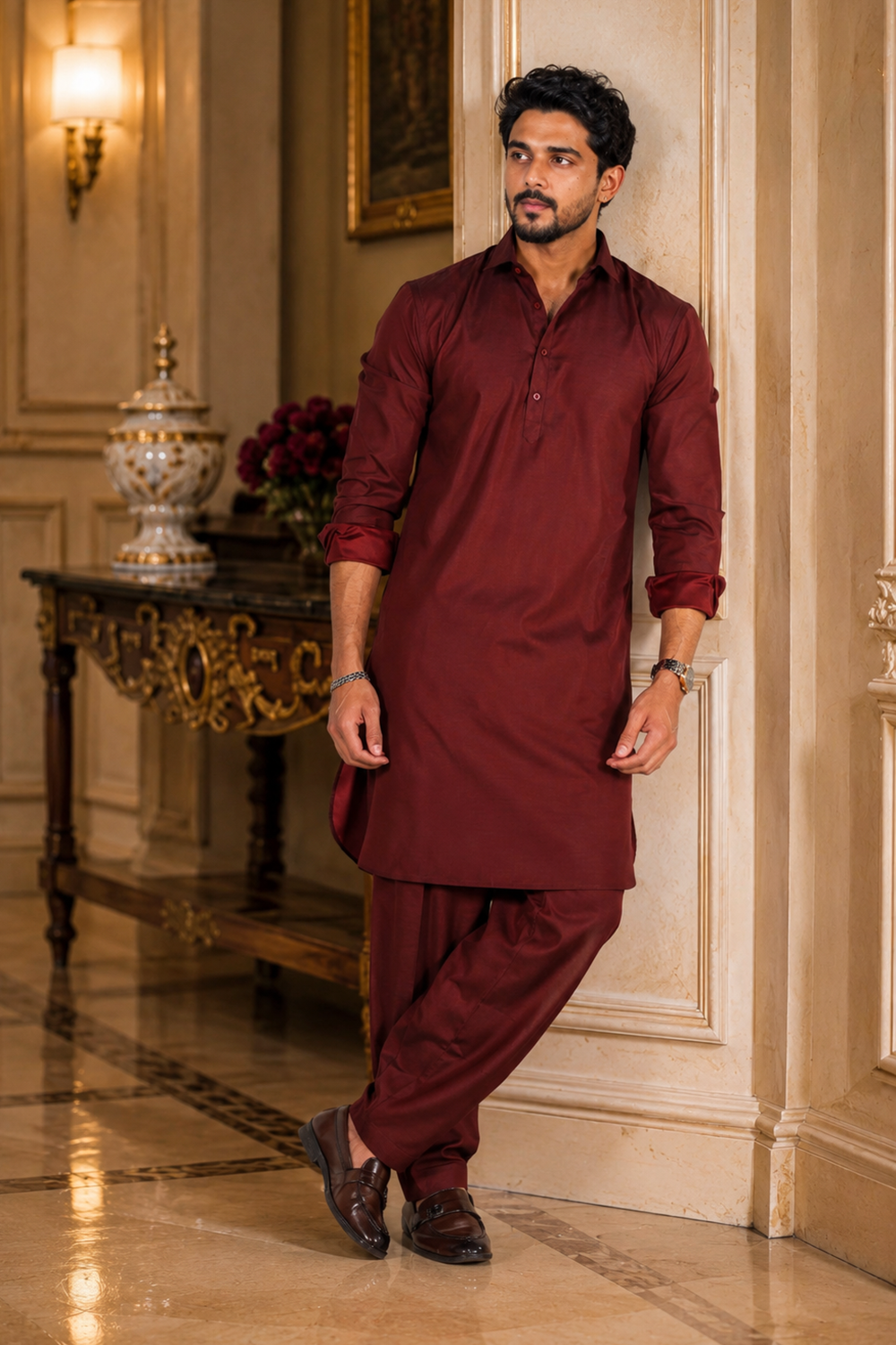 Men's Maroon Cotton Satin Kurta Set