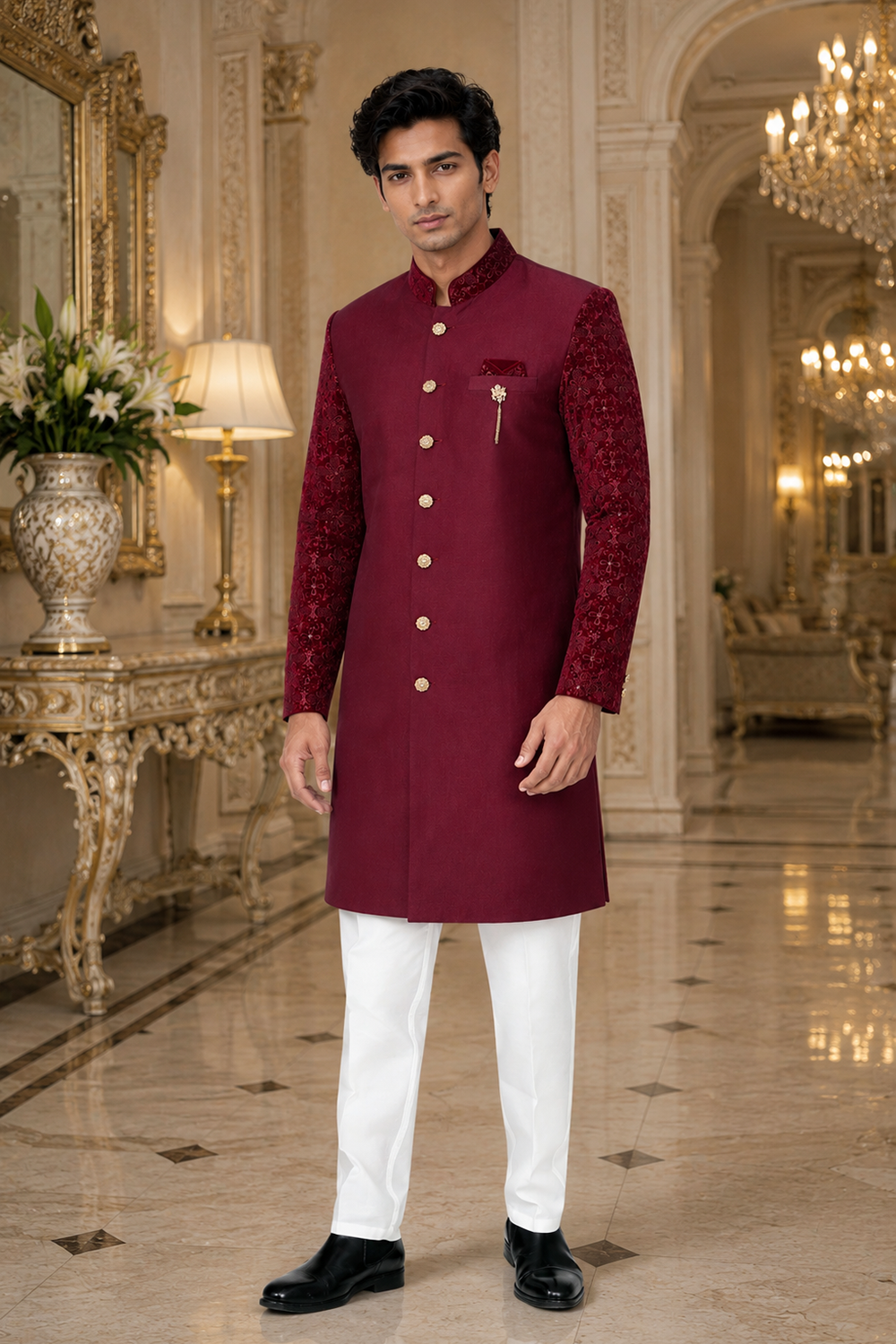 Men's Maroon Indo-Western
