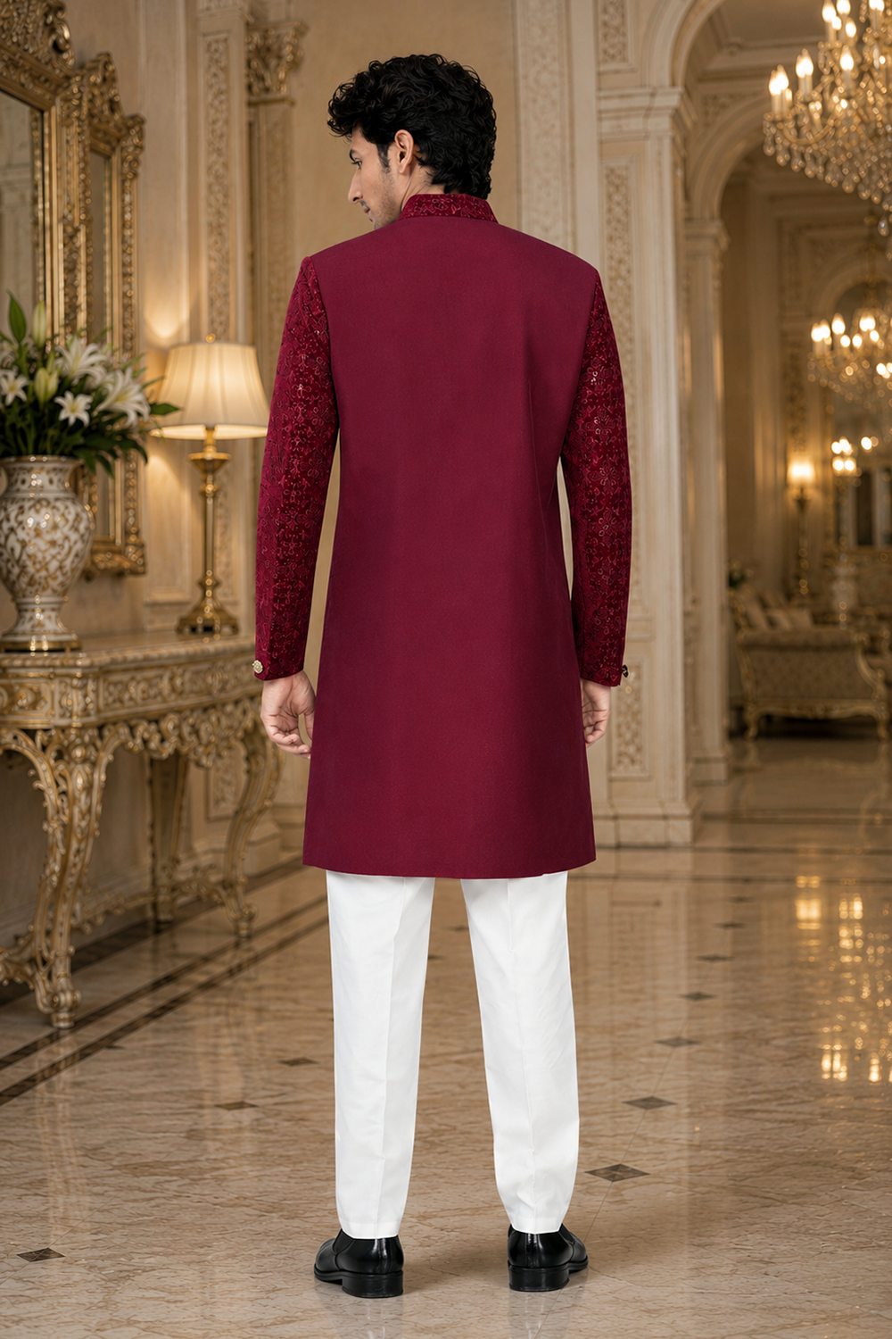 Men's Maroon Indo-Western
