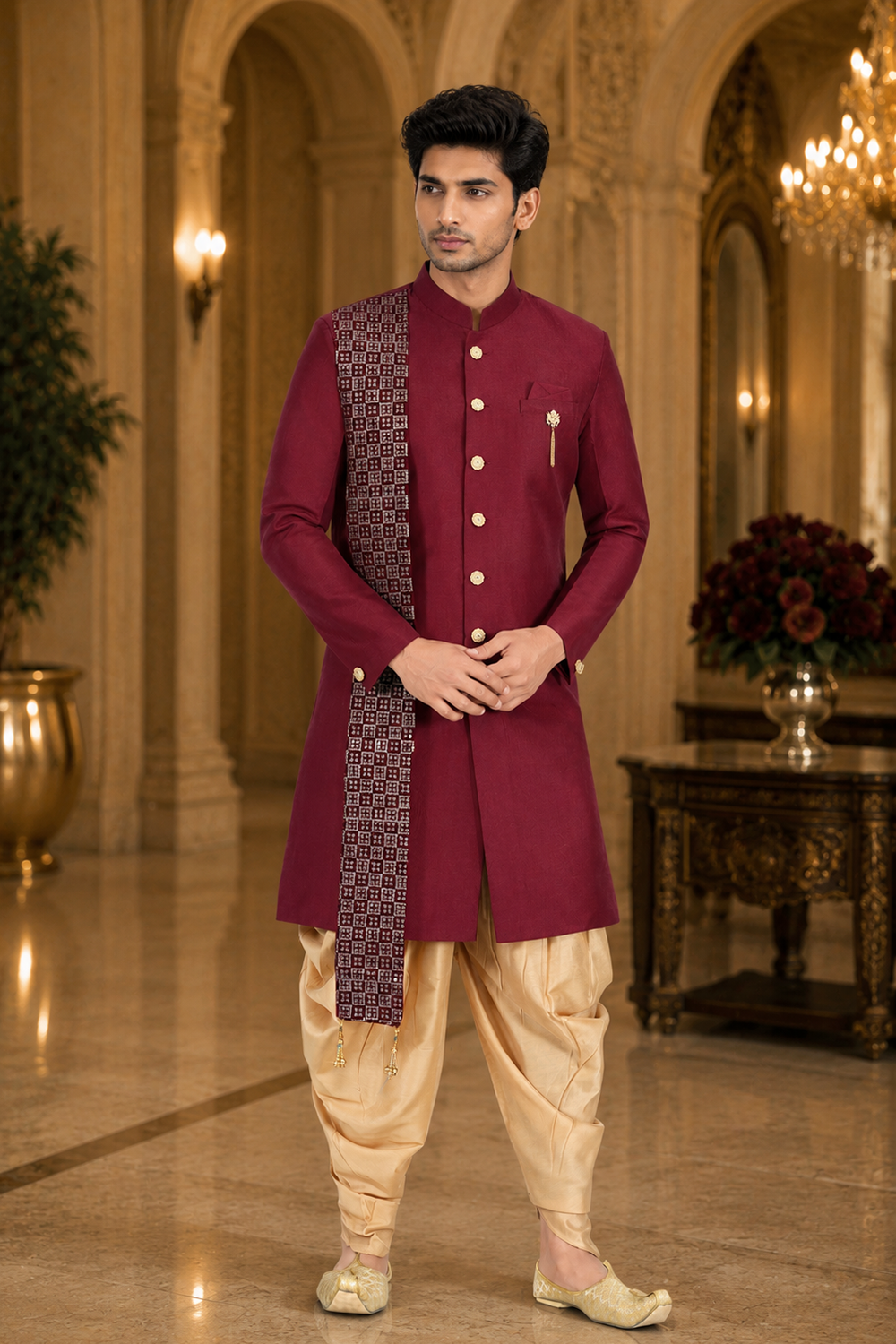 Men's Maroon Indo-Western