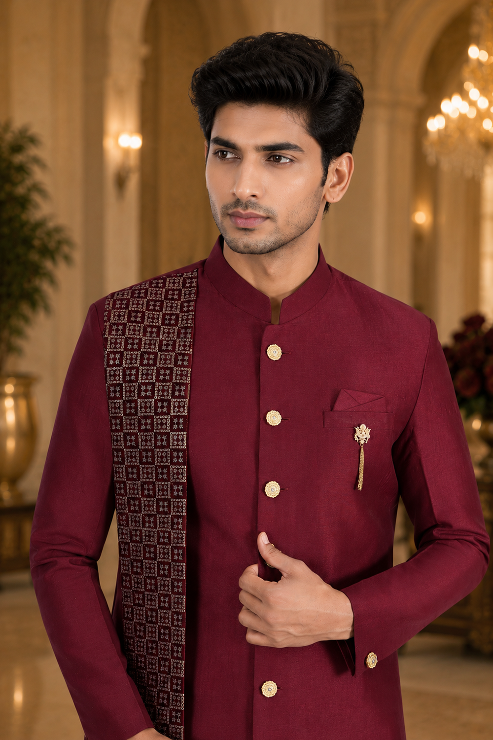 Men's Maroon Indo-Western