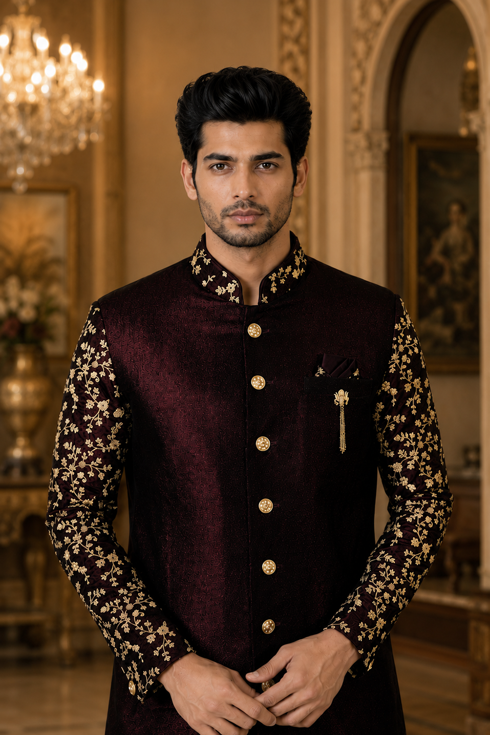 Men's Maroon Indo-Western