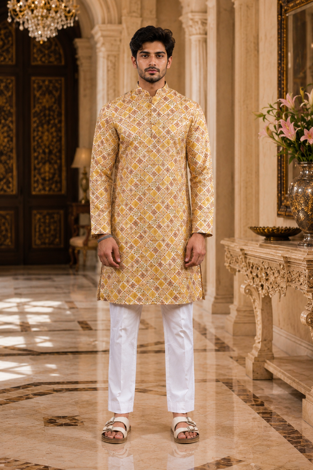Men's Mustard Art Silk Kurta Set