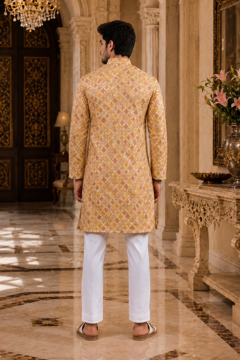 Men's Mustard Art Silk Kurta Set
