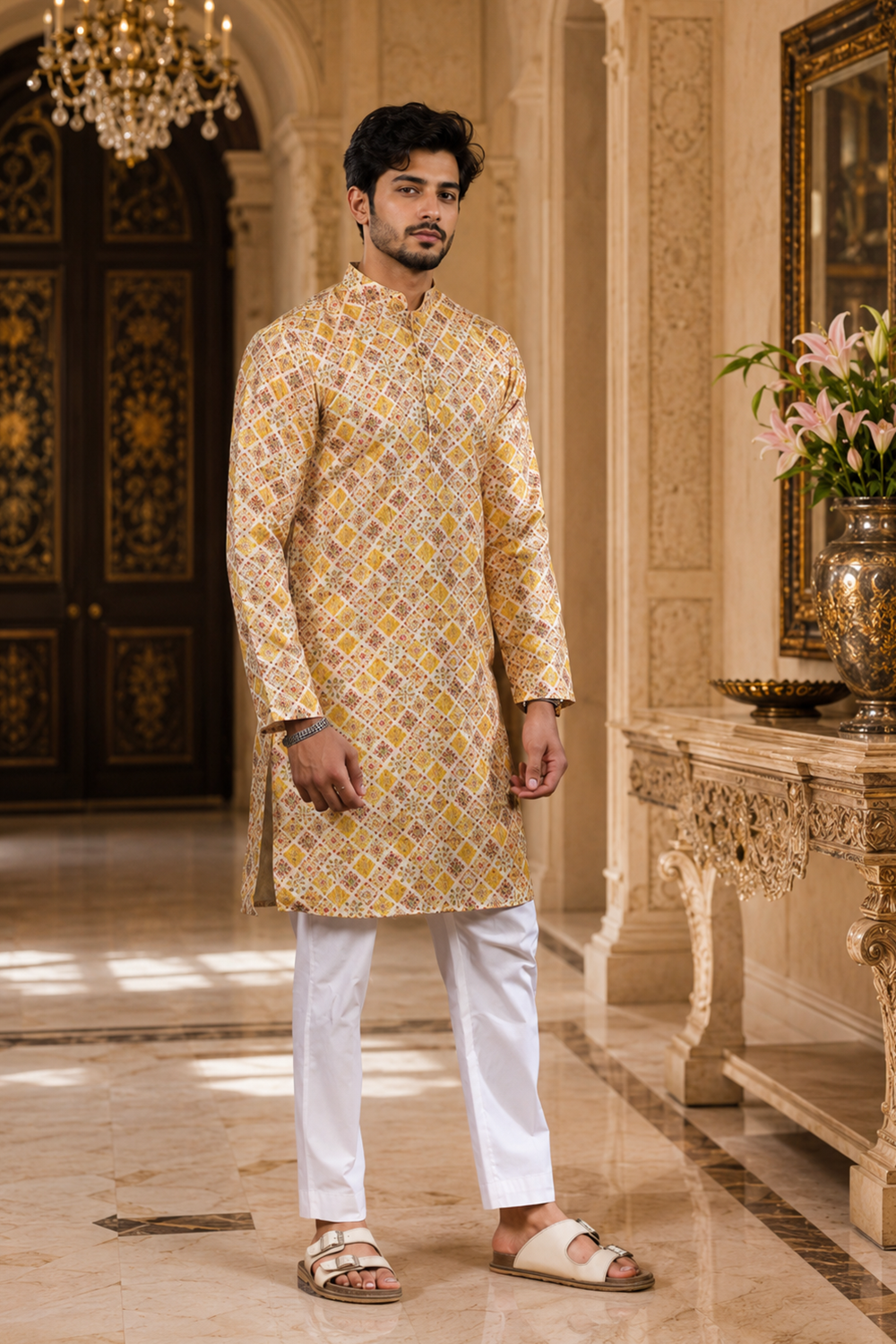Men's Mustard Art Silk Kurta Set