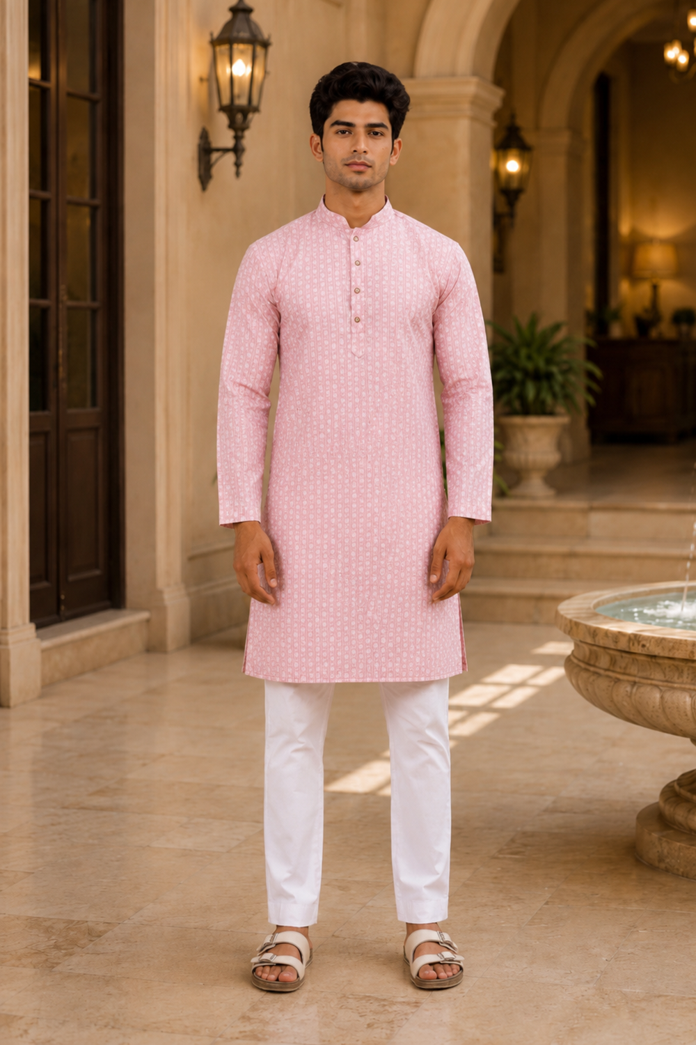 Men's Pink Art Silk Kurta Set