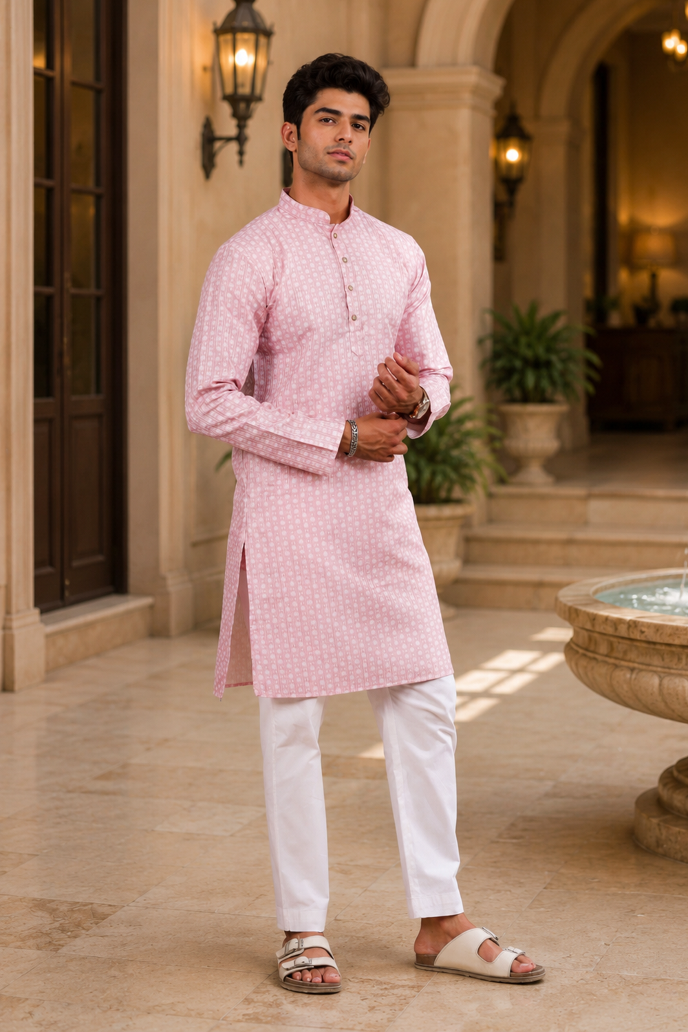 Men's Pink Art Silk Kurta Set