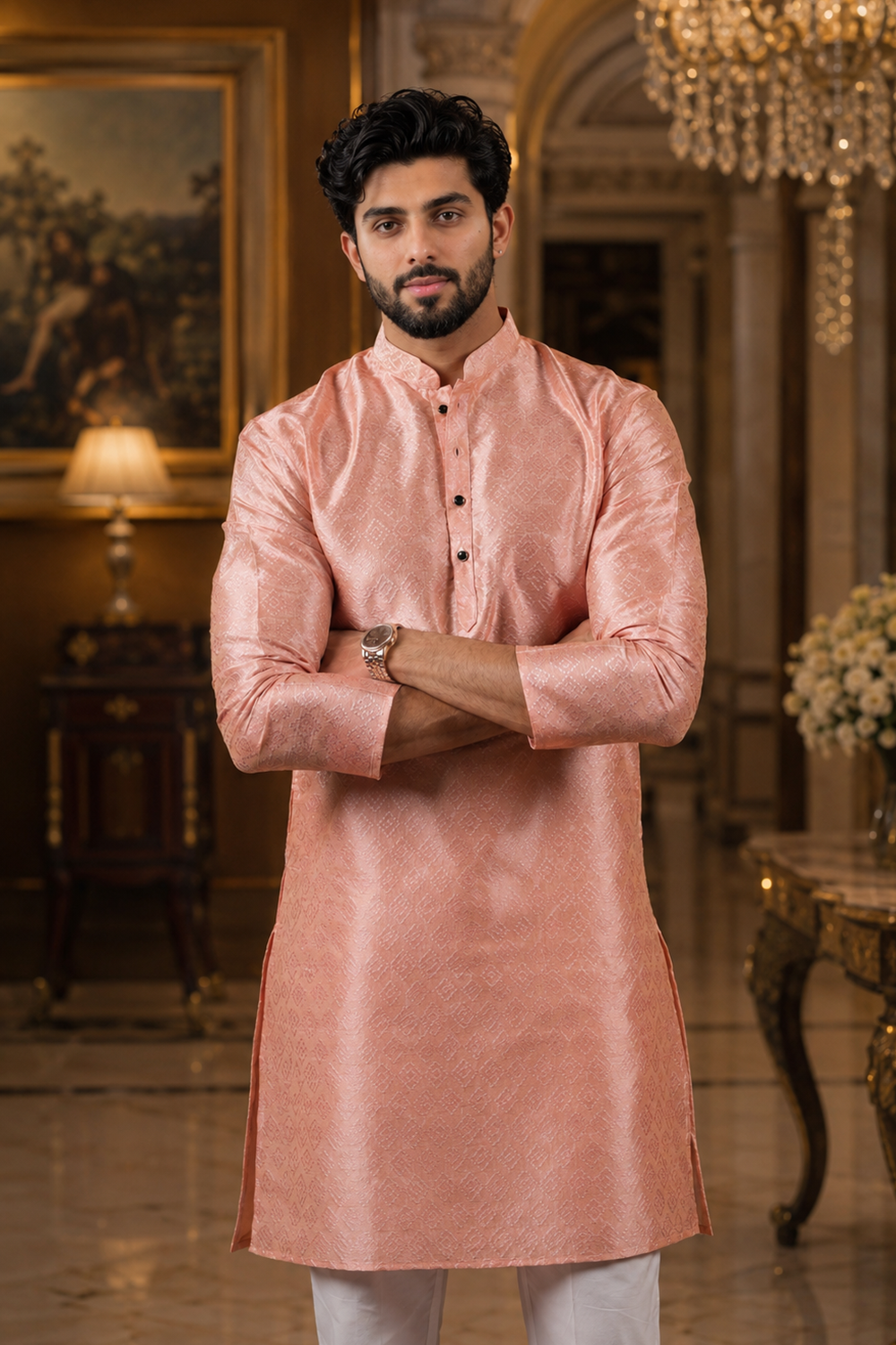 Men's Pink Art Silk Kurta Set