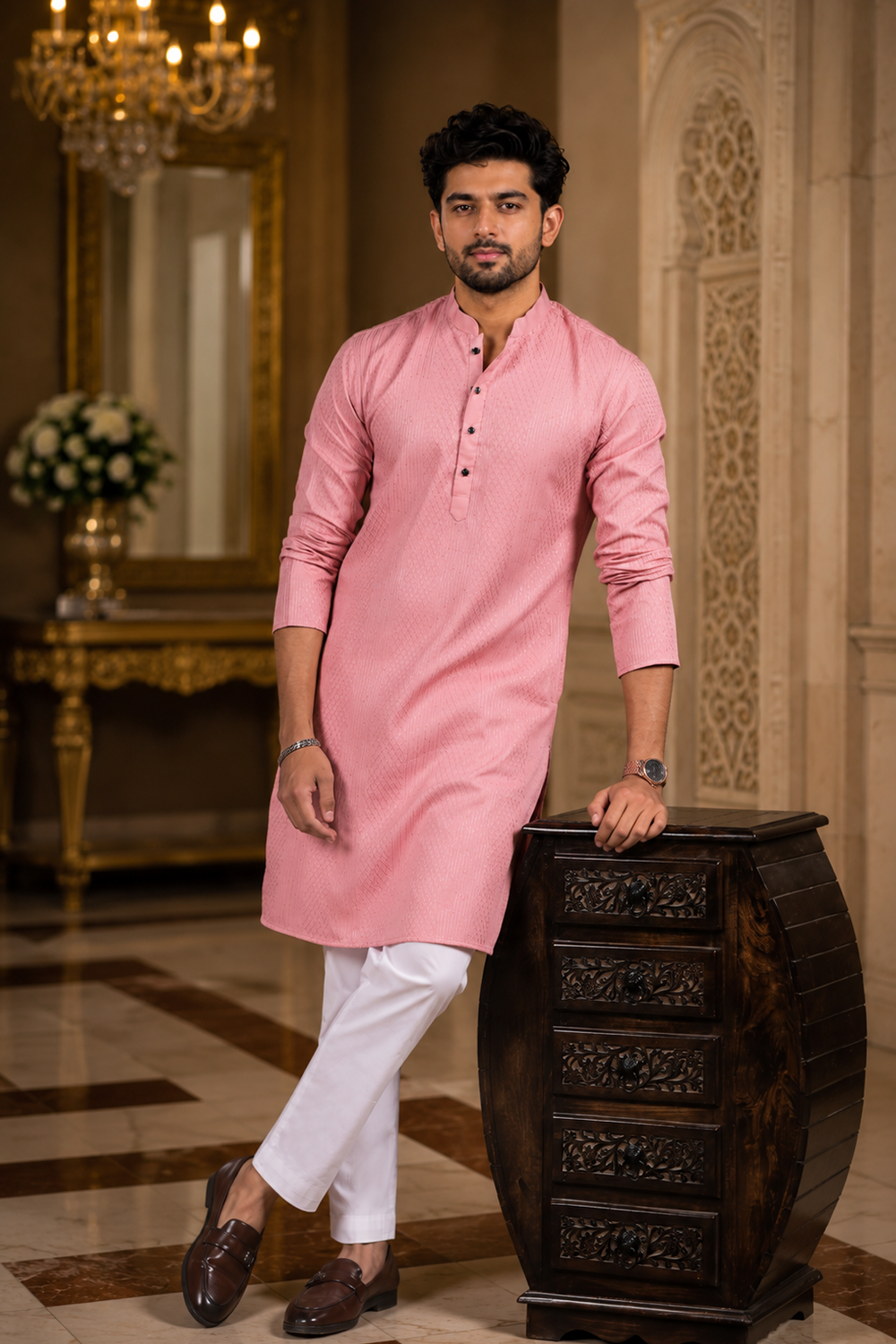 Men's Pink Cotton Kurta Set