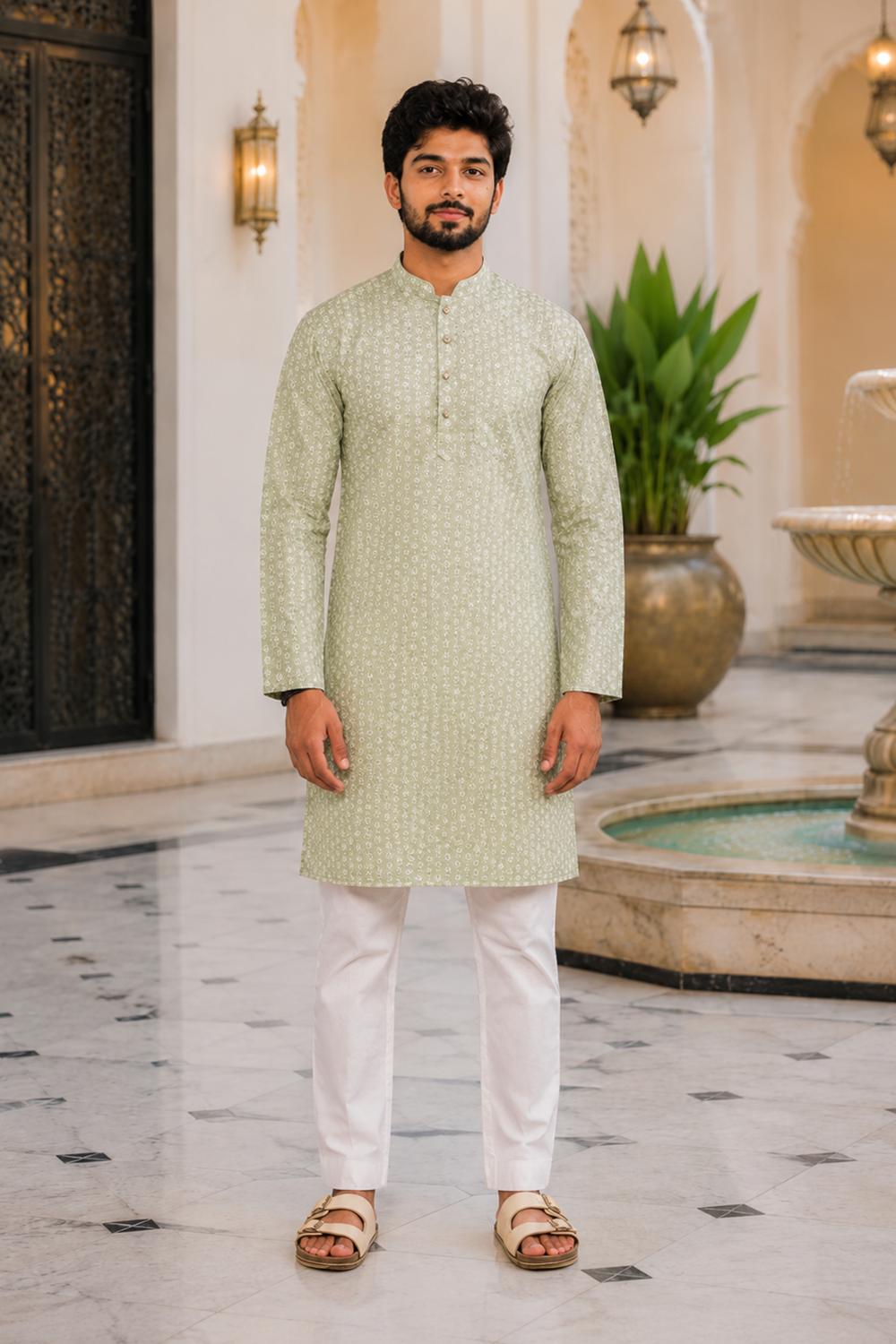 Men's Pista Art Silk Kurta Set