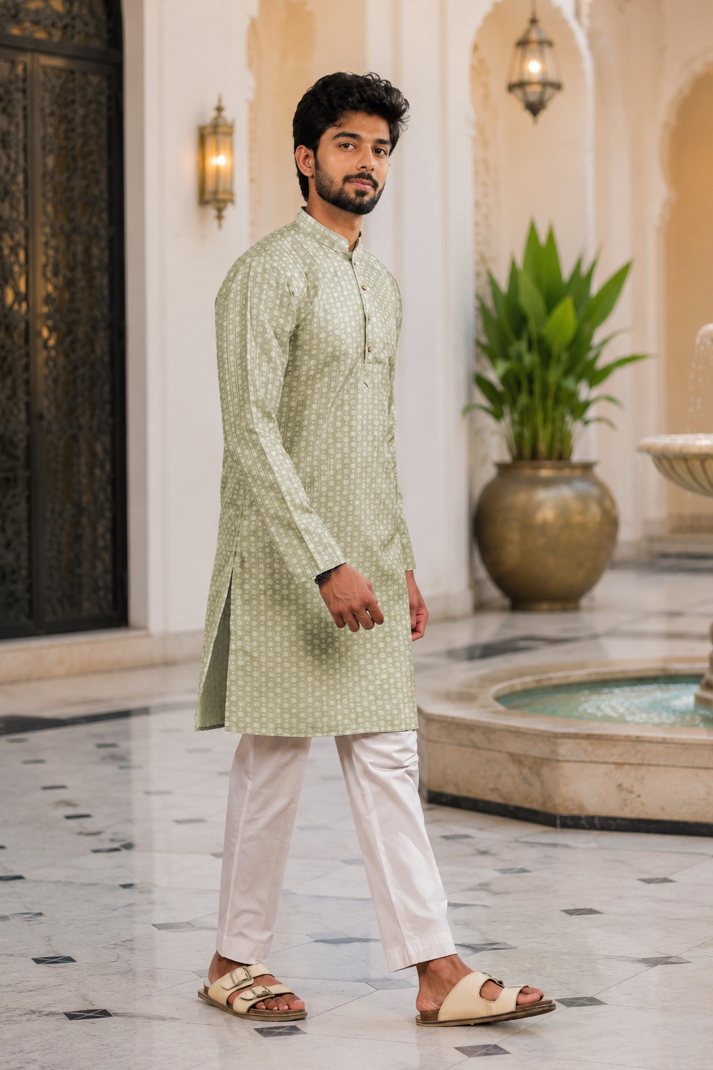 Men's Pista Art Silk Kurta Set