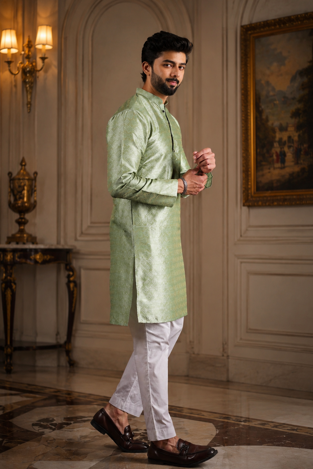 Men's Pista Art Silk Kurta Set