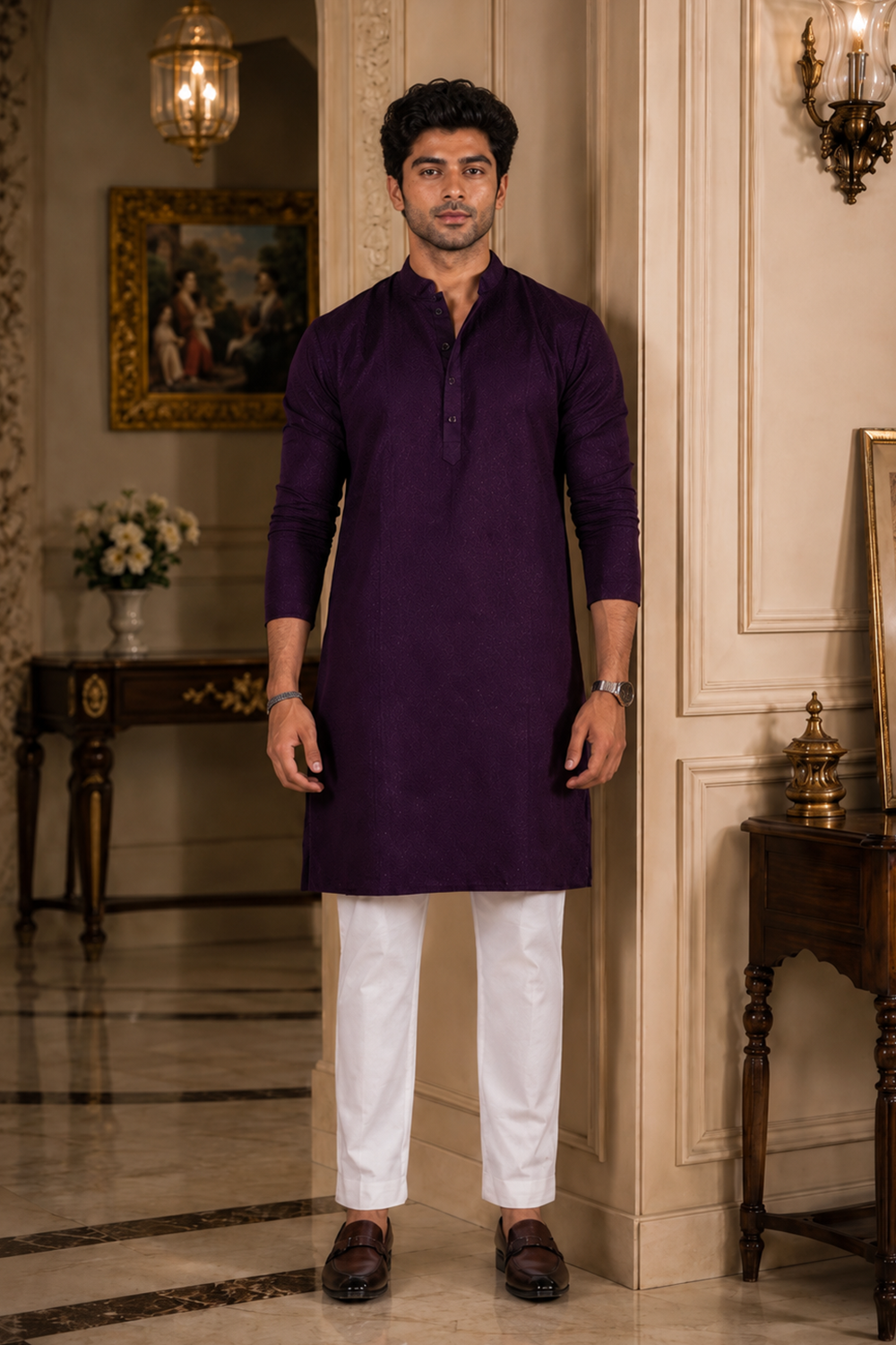 Men's Purple Cotton Kurta Set