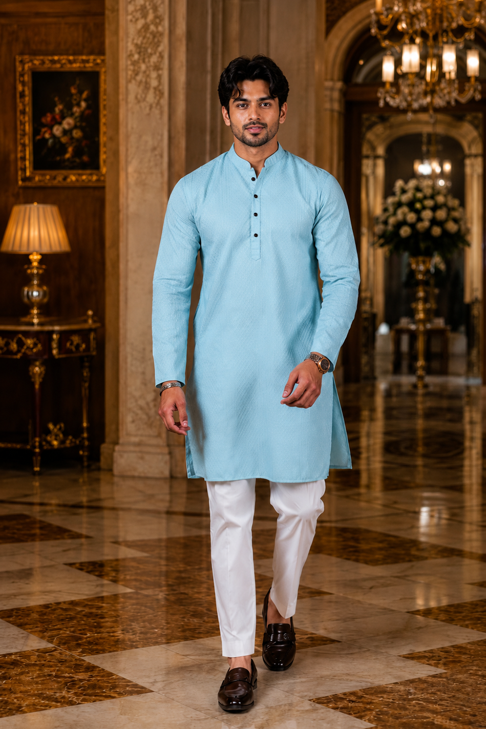 Men's Sky Blue Cotton Kurta Set