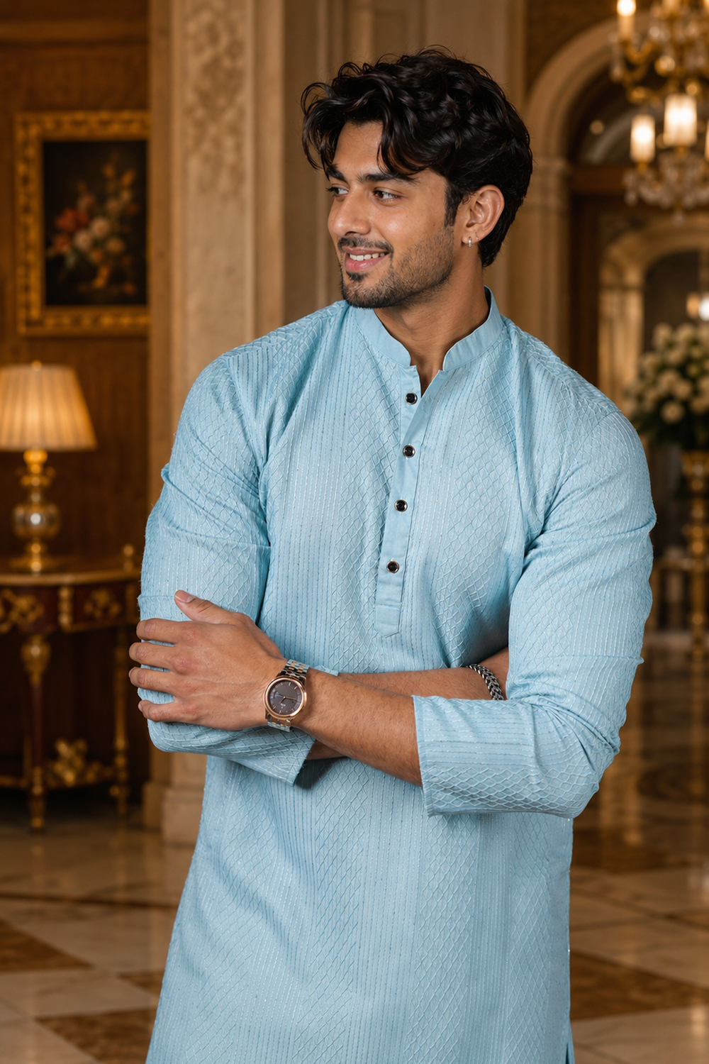 Men's Sky Blue Cotton Kurta Set