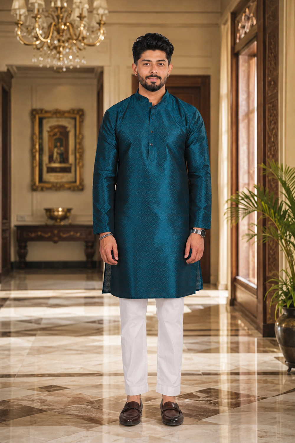 Men's Teal Art Silk Kurta Set