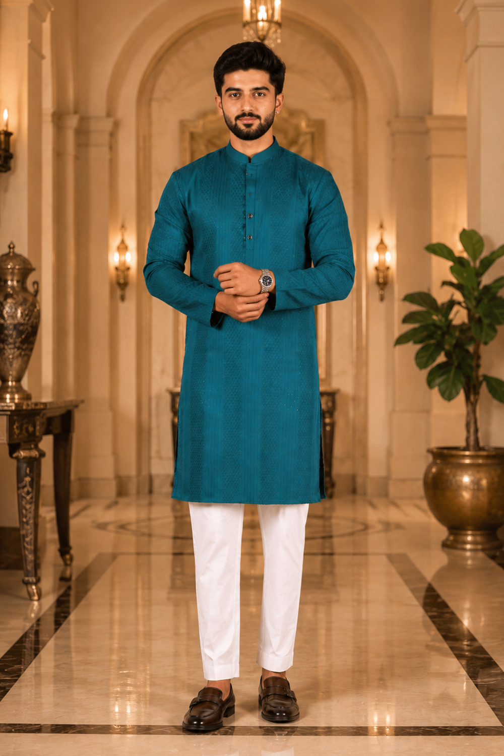 Men's Teal Cotton Kurta Set