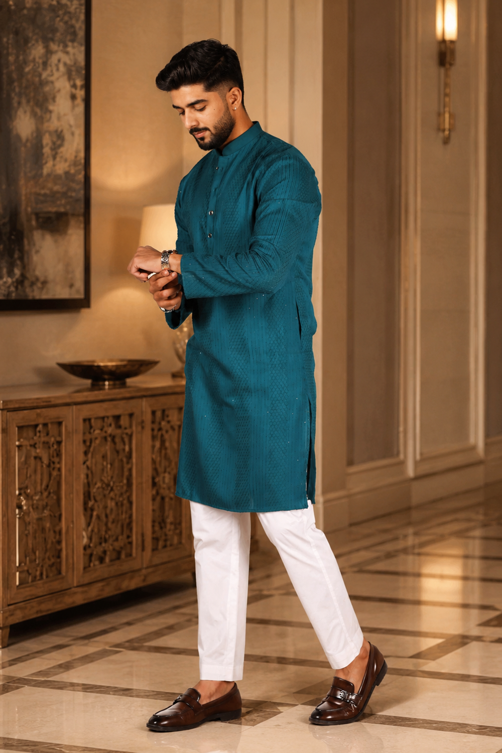 Men's Teal Cotton Kurta Set