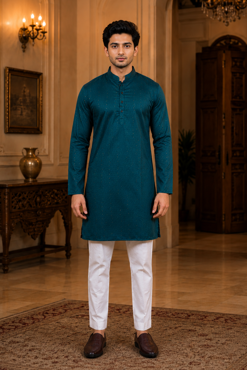 Men's Teal Cotton Kurta Set