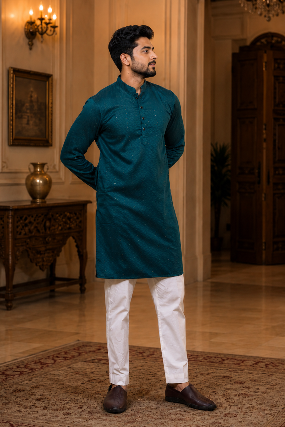 Men's Teal Cotton Kurta Set