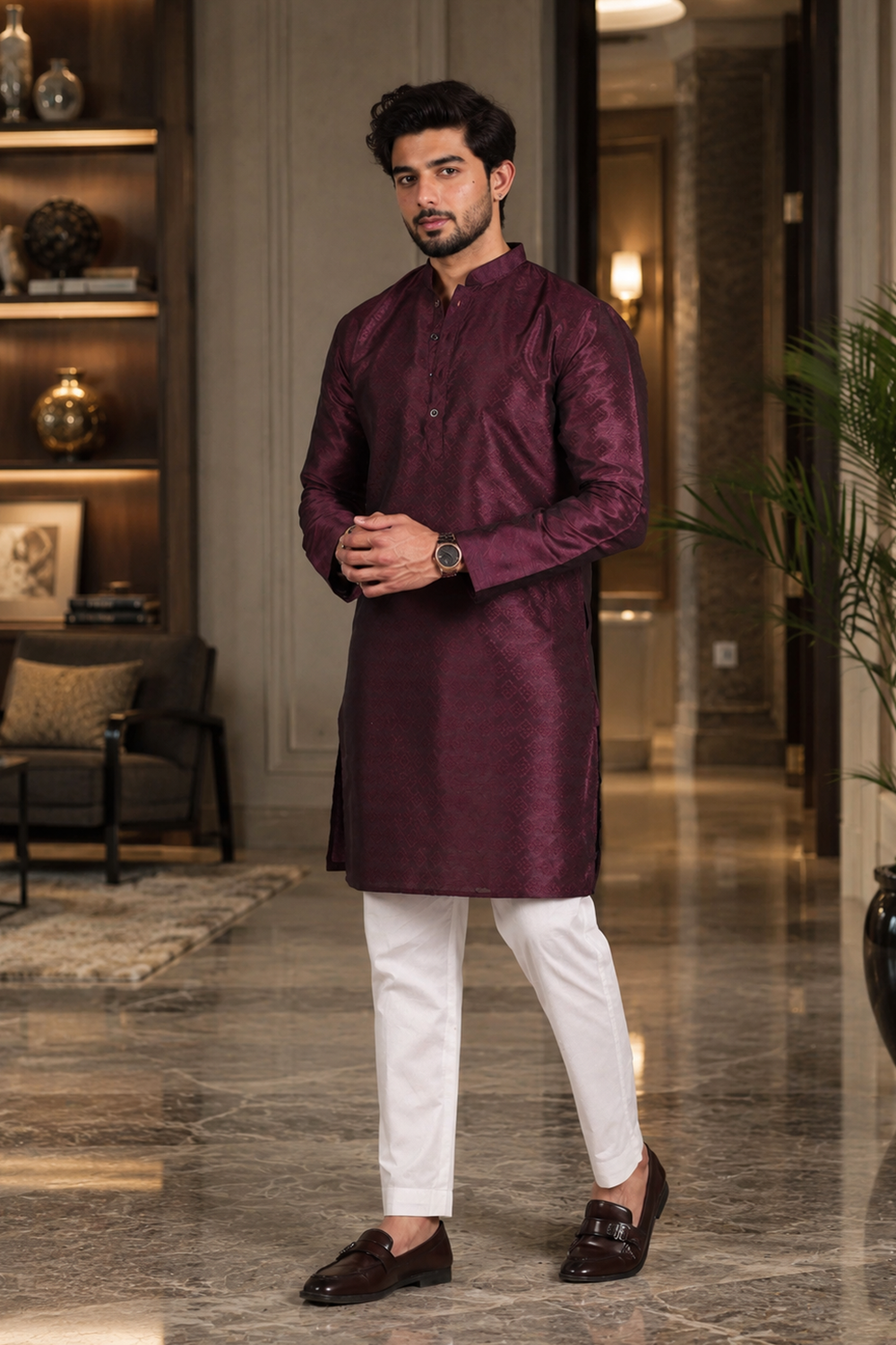 Men's Wine Art Silk Kurta Set