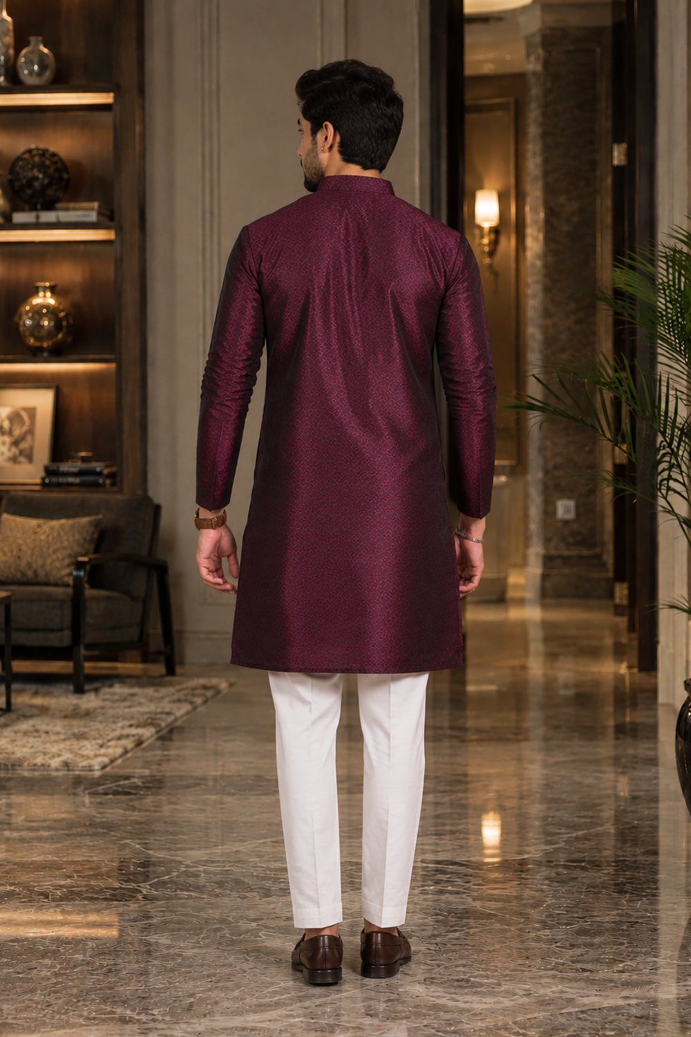 Men's Wine Art Silk Kurta Set