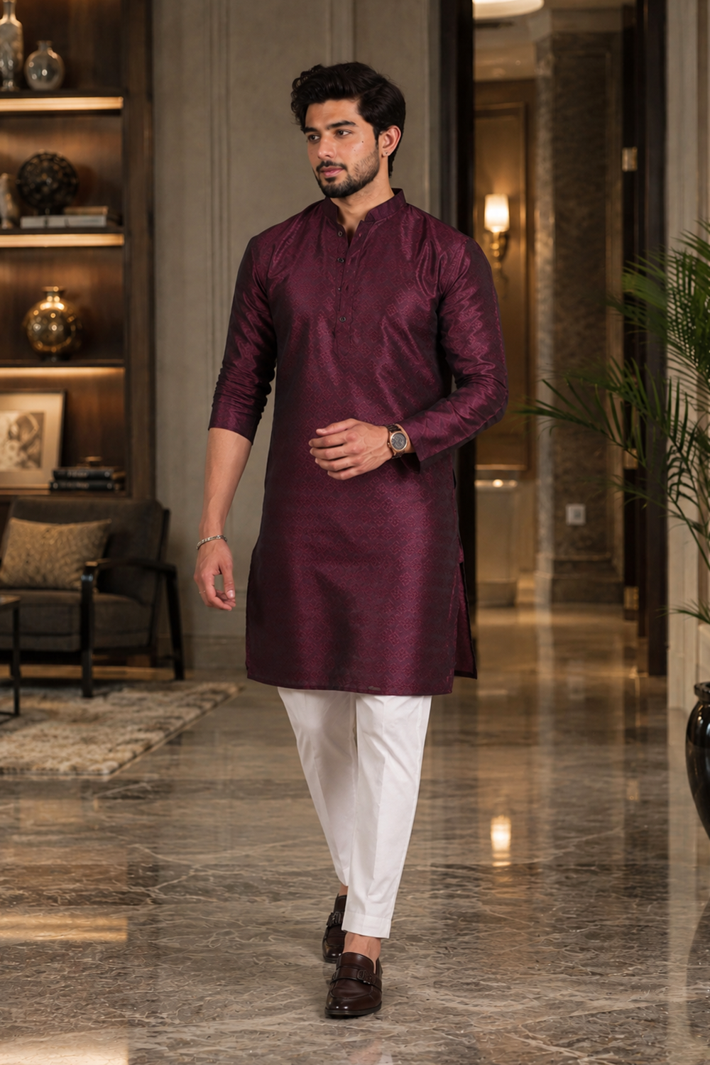 Men's Wine Art Silk Kurta Set