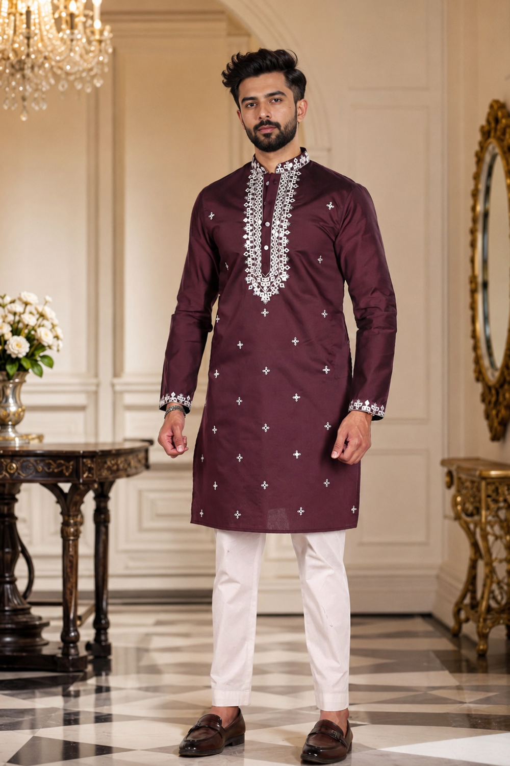 Men's Wine Cotton Kurta Set
