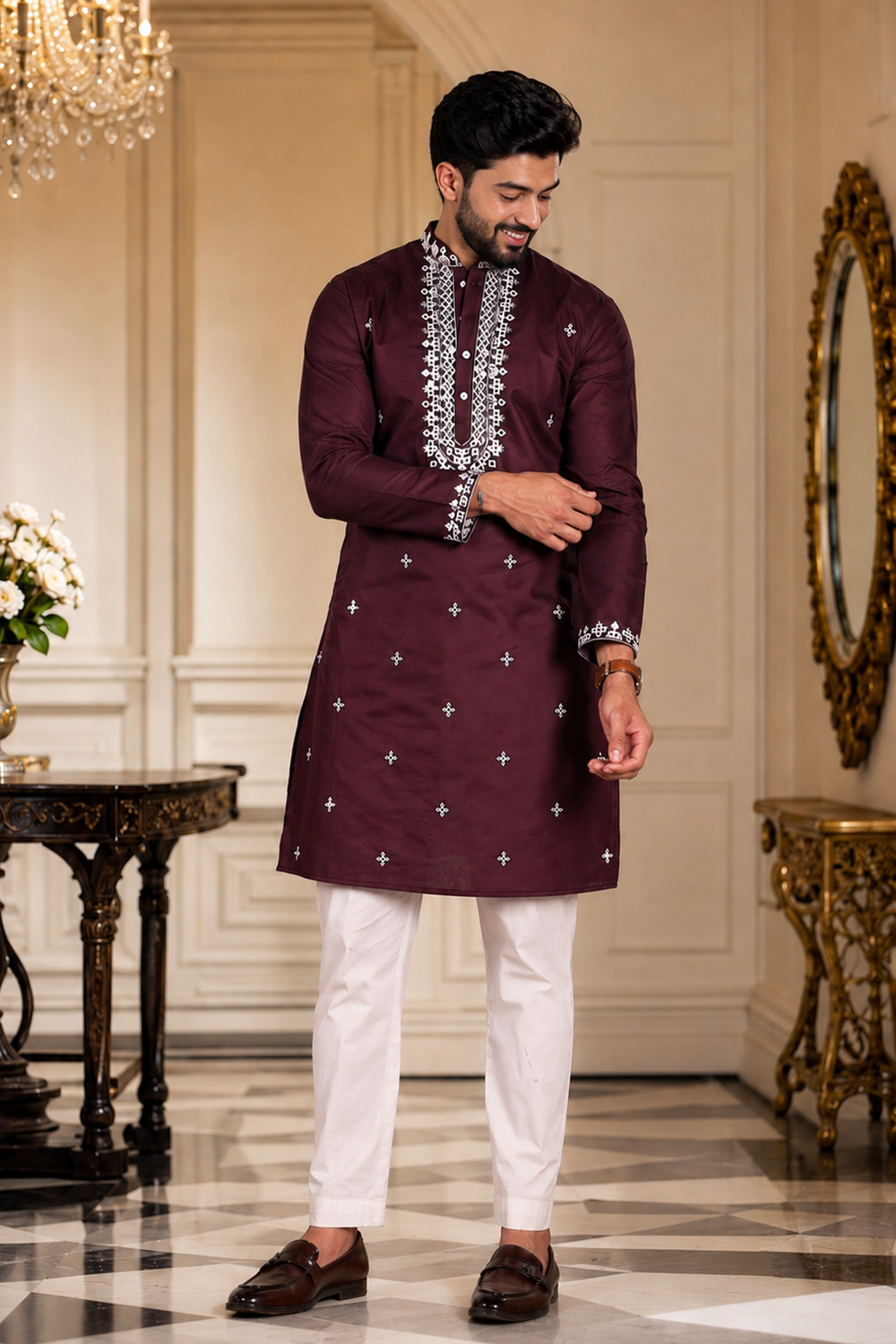 Men's Wine Cotton Kurta Set