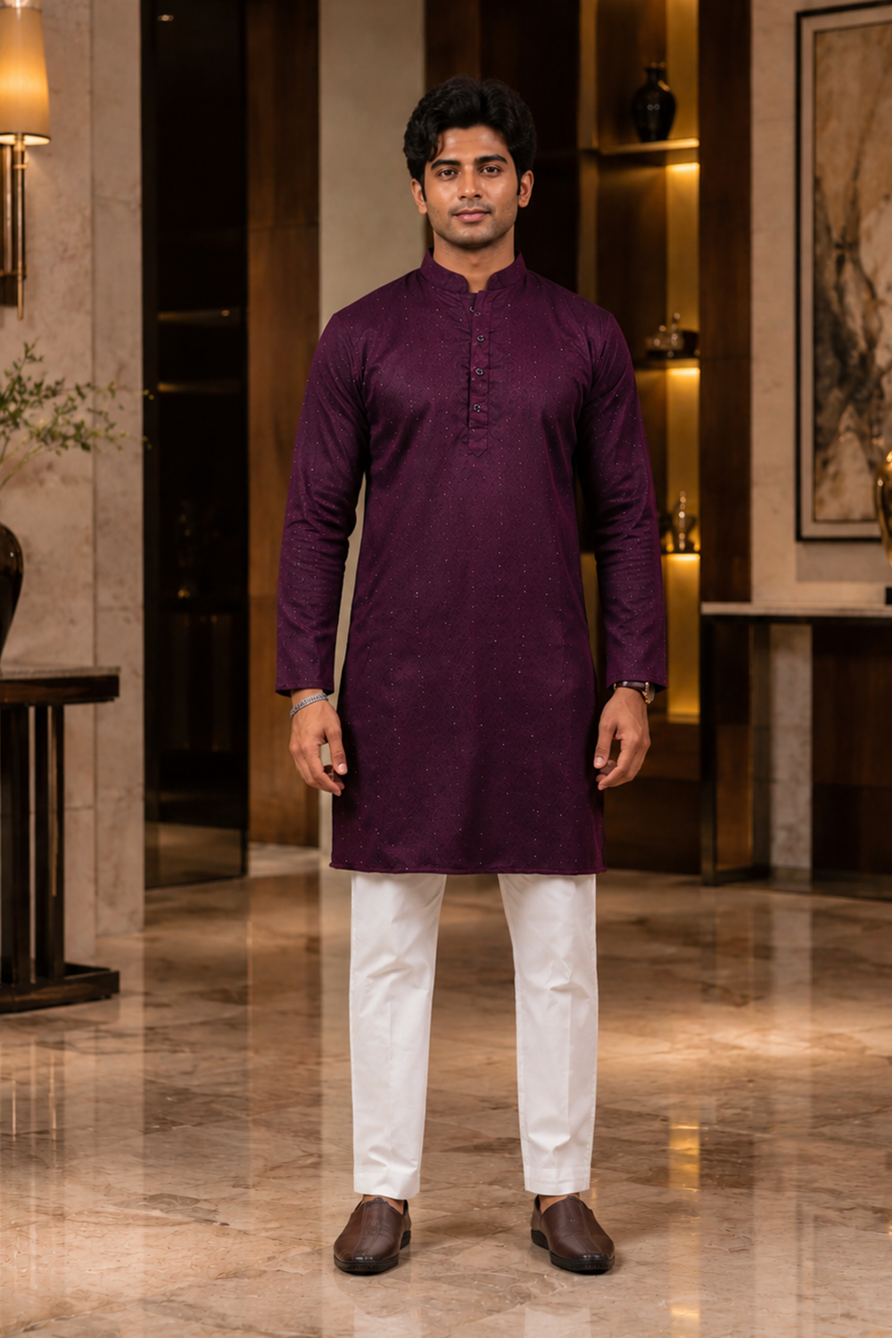 Men's Wine Cotton Kurta Set
