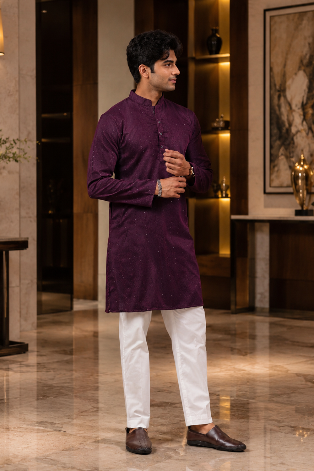 Men's Wine Cotton Kurta Set