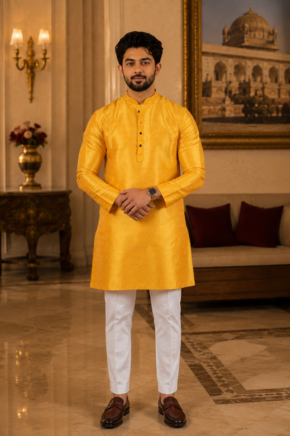 Men's Yellow Art Silk Kurta Set