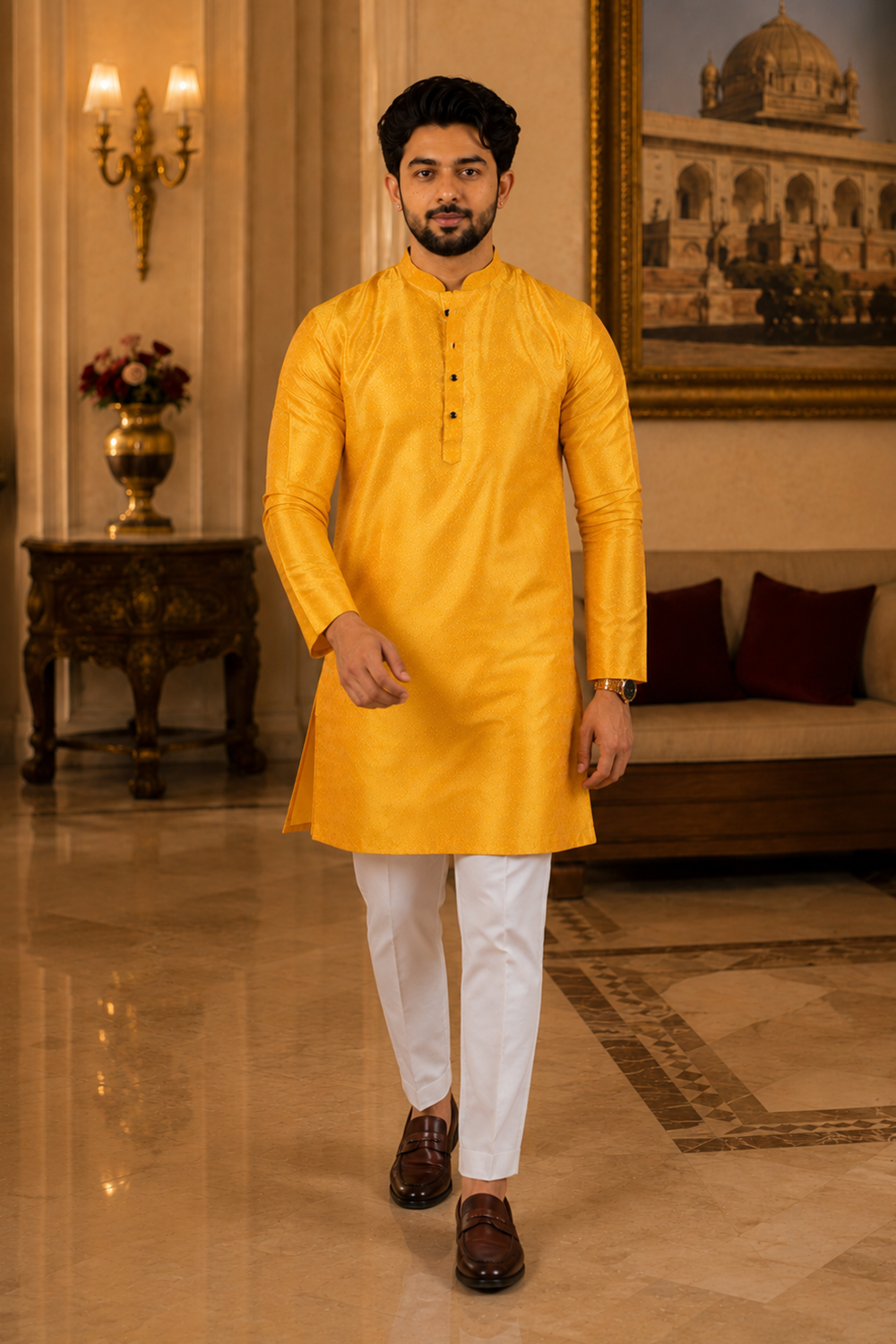 Men's Yellow Art Silk Kurta Set