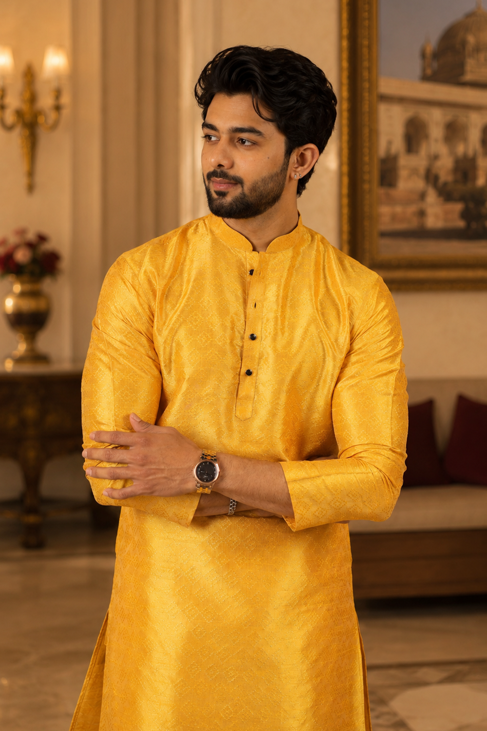 Men's Yellow Art Silk Kurta Set