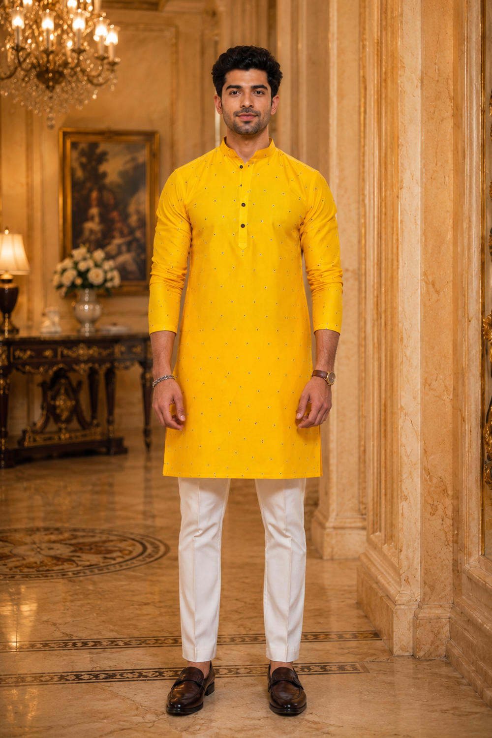 Men's Yellow Cotton Kurta Set