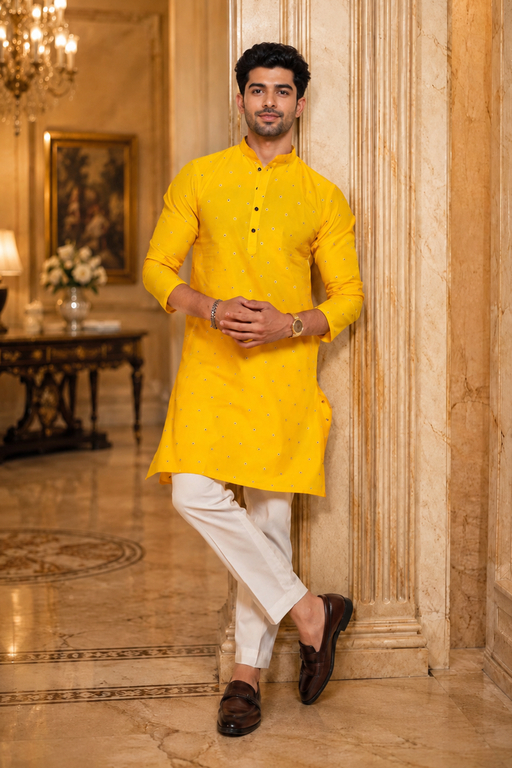 Men's Yellow Cotton Kurta Set