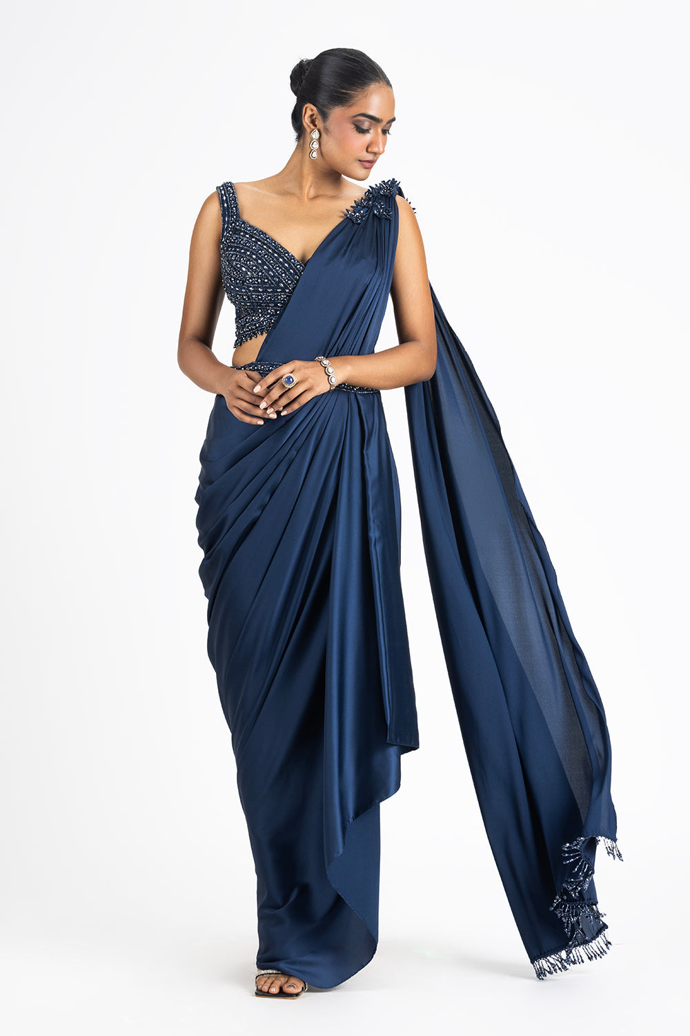 Mid Night Blue Satin Draped Saree