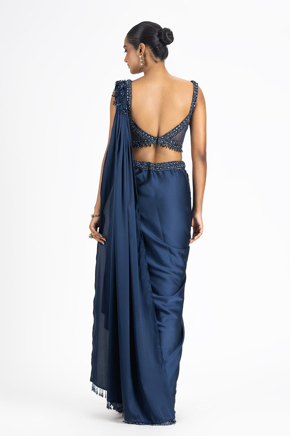 Mid Night Blue Satin Draped Saree