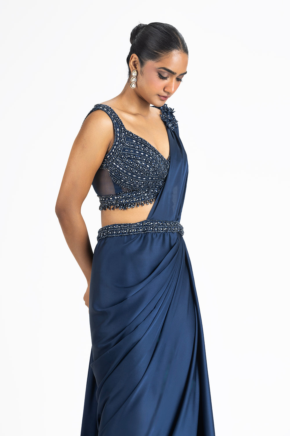 Mid Night Blue Satin Draped Saree