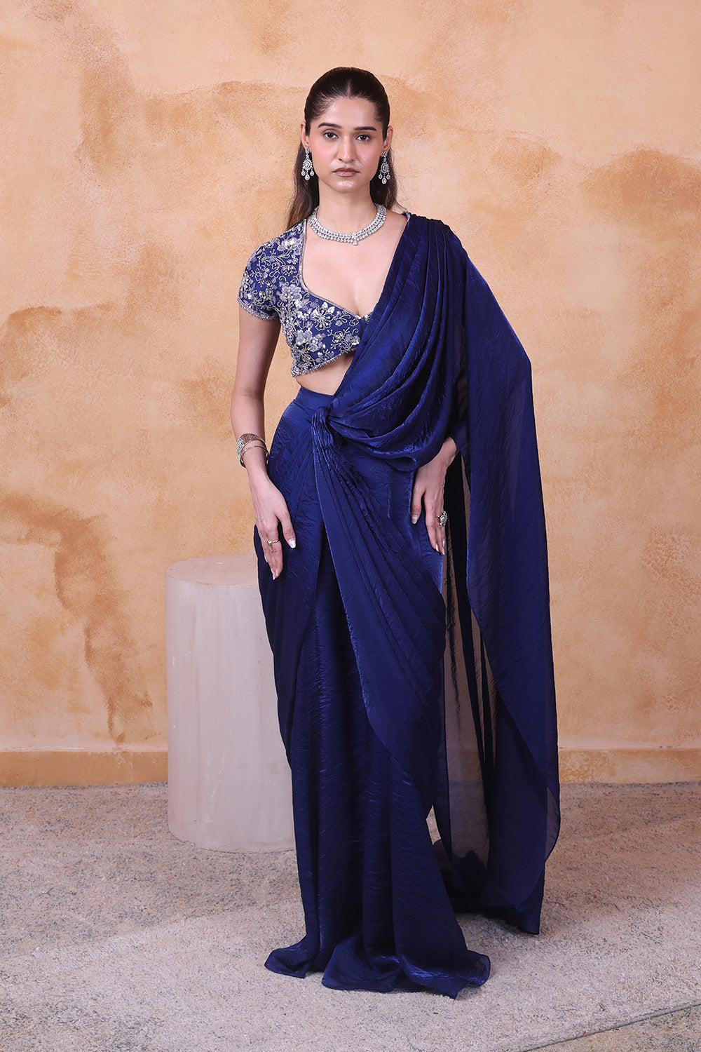Midnight Blue Draped Saree and Embellished Blouse