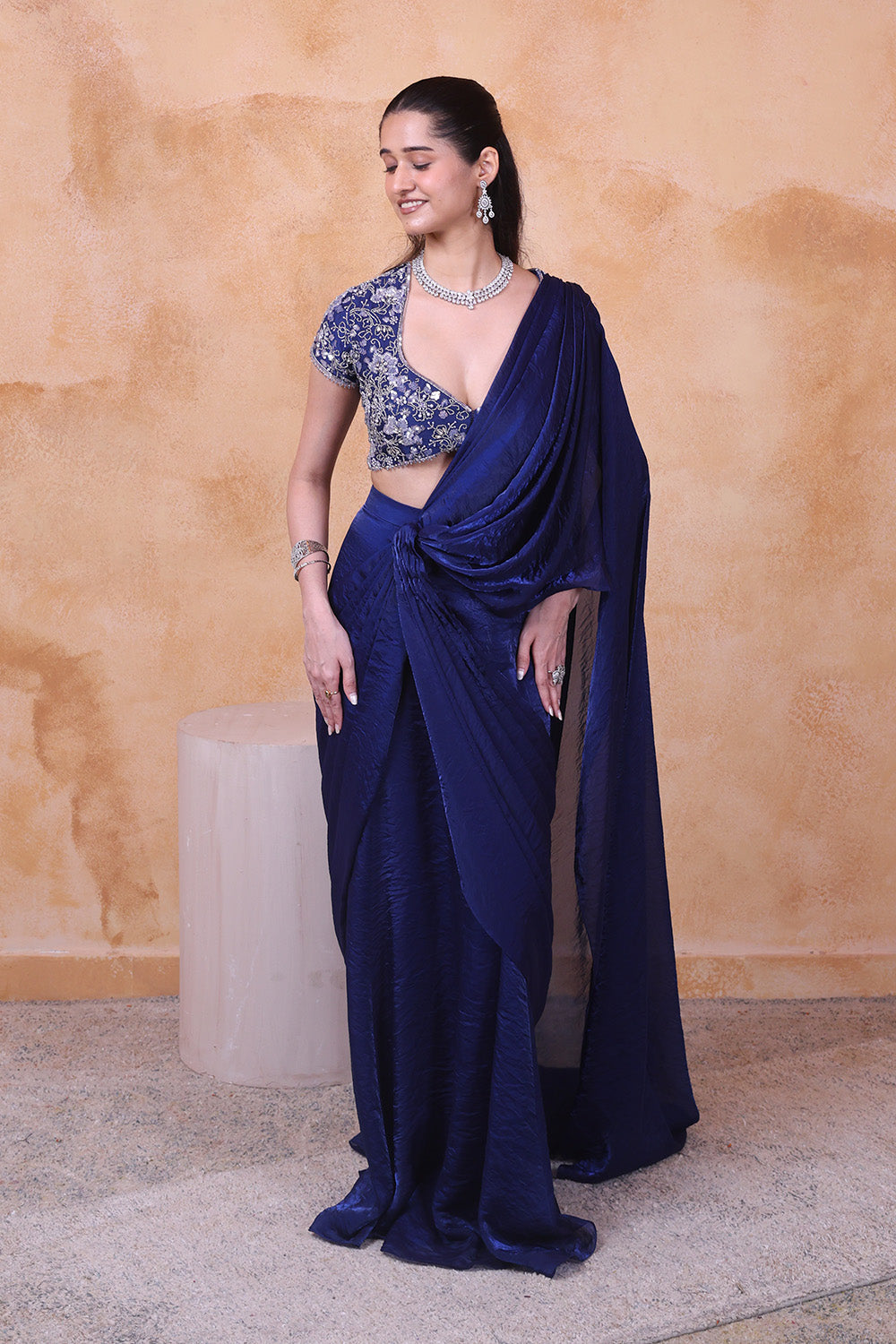 Midnight Blue Draped Saree and Embellished Blouse