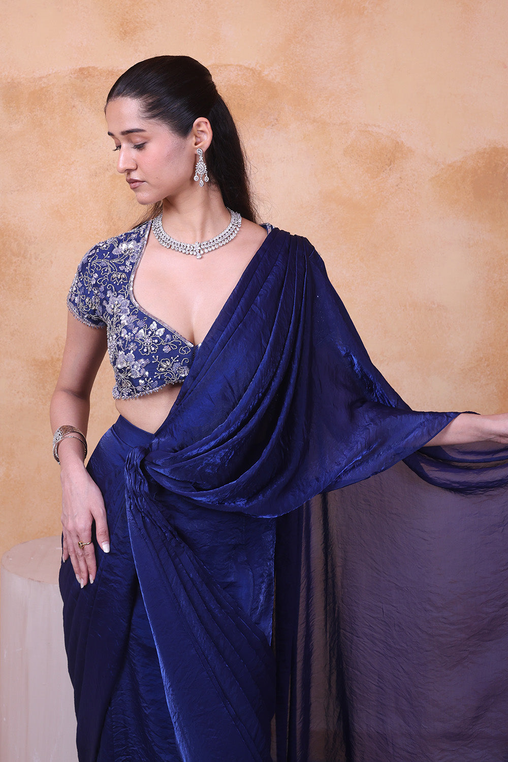 Midnight Blue Draped Saree and Embellished Blouse
