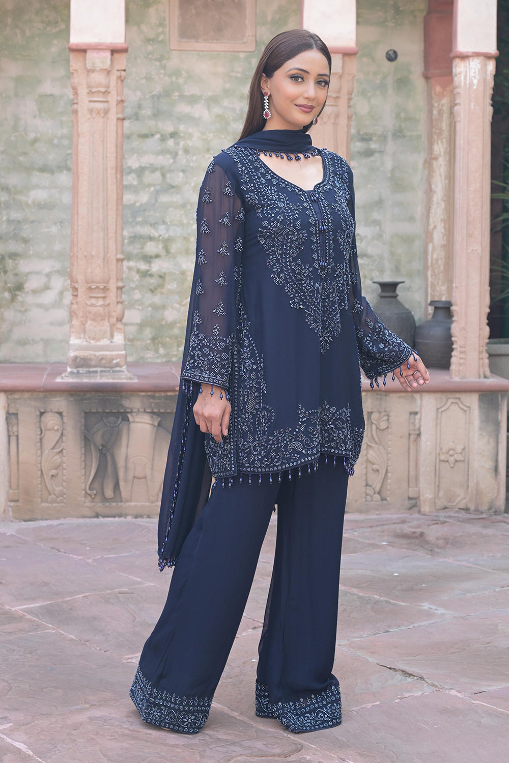 Midnight Blue Georgette Beads Embroidered Kurta Set