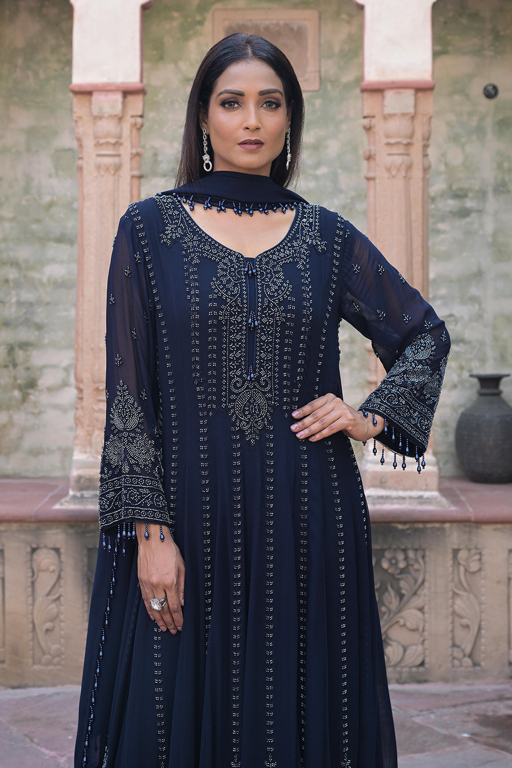 Midnight Blue Georgette Beads Work Anarkali Suit Set