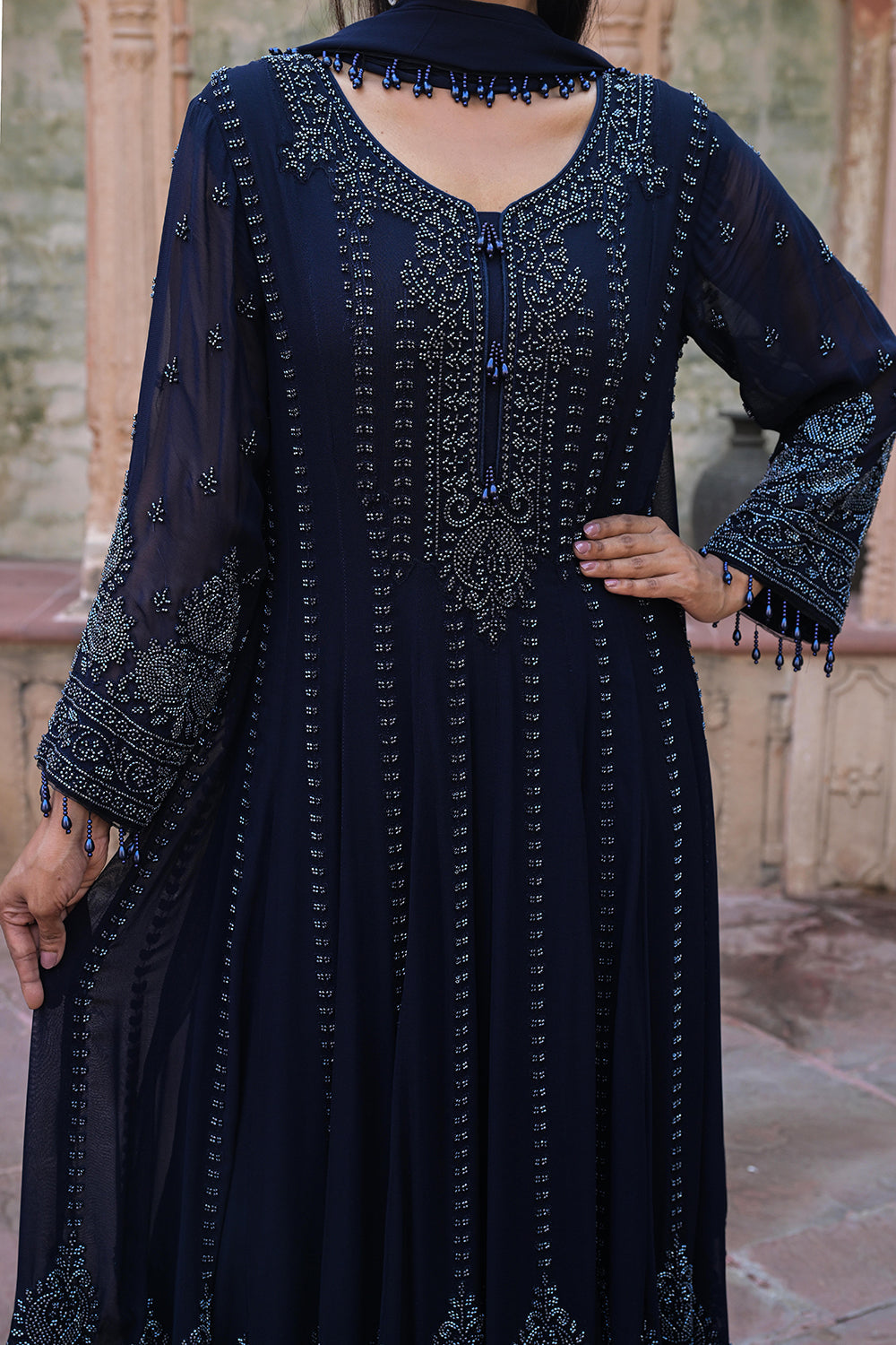 Midnight Blue Georgette Beads Work Anarkali Suit Set